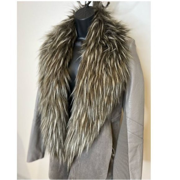 Black Tape Womens Faux Fur Collar Jacket Coat Long Sleeve Zip Pocket Size S Gray - Picture 2 of 4